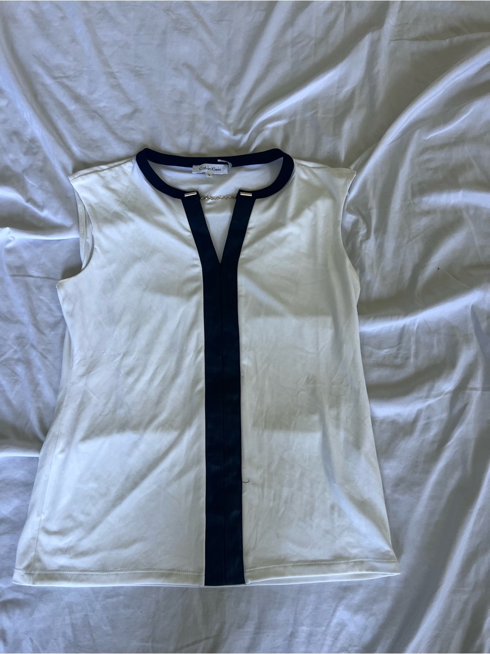 Calvin Klein White Sleeveless Tank with Black Trim Placket
